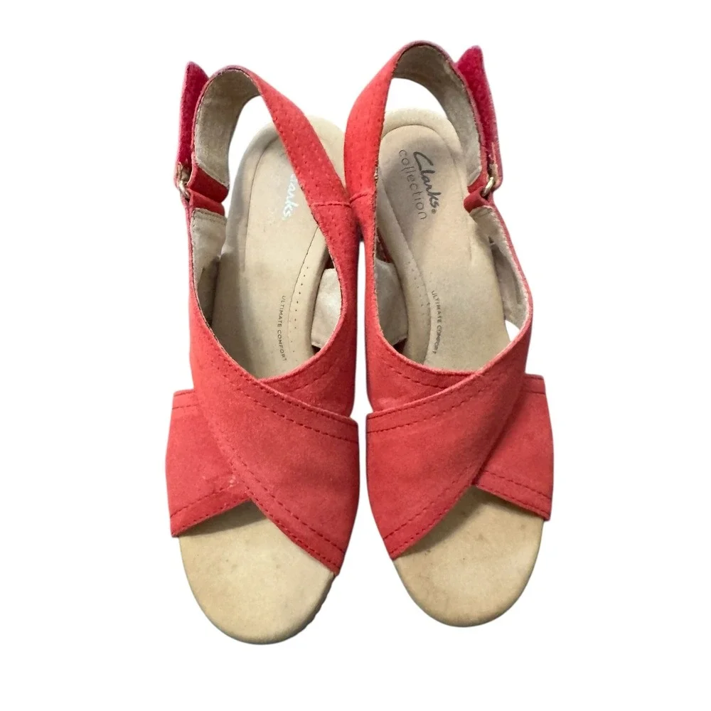 Clarks Collection Red Suede Wedge Slingback Sandals Women US 7.5 UK 5.5 - Picture 3 of 9